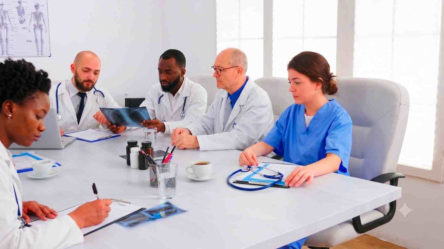 Doctor and medical assistant working with an external consultant in a doctor's office